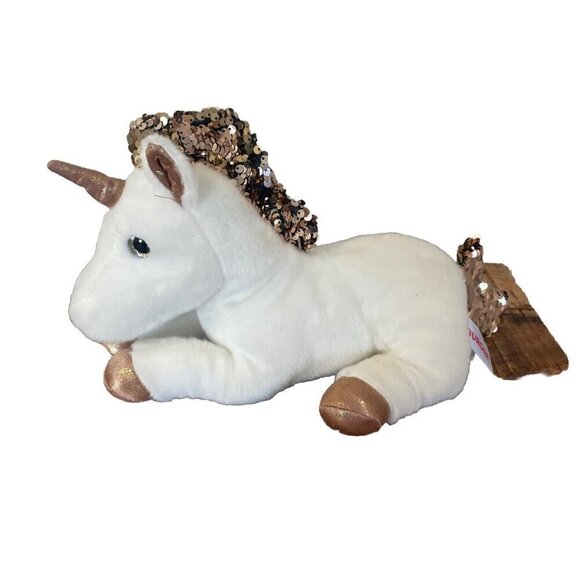 Aurora Shimmers Rose Gold Flippy Sequins White Unicorn Stuffed Animal Plush 12" - Picture 1 of 7